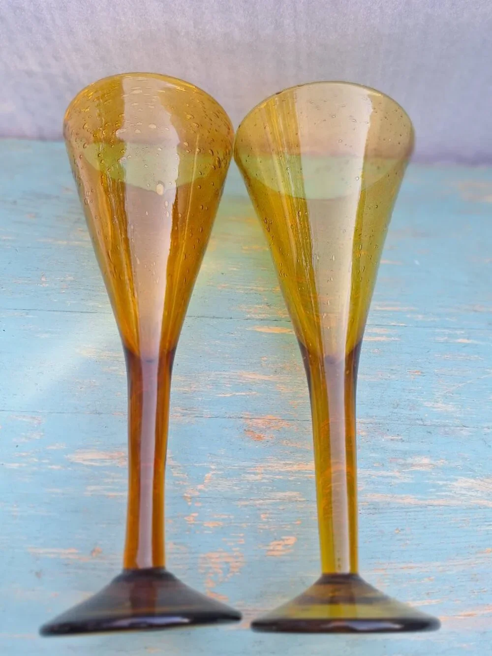 Vintage Wine Goblets Bubbles Hand Blown Glass Gold Bronze Color Pair His and Her - Picture 16 of 16